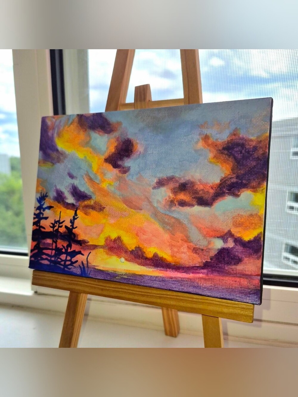 Sunset Landscape Original Acrylic Painting - Vibrant Purple, Pink & Yellow